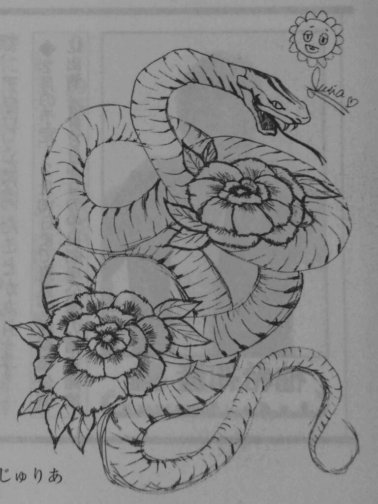 a very detailed line drawing of a striped snake twined around what look like peony flowers. Its mouth is open with its fangs displayed. At top right it is signed with 'Juria' and a cartoon sunflower with a face.